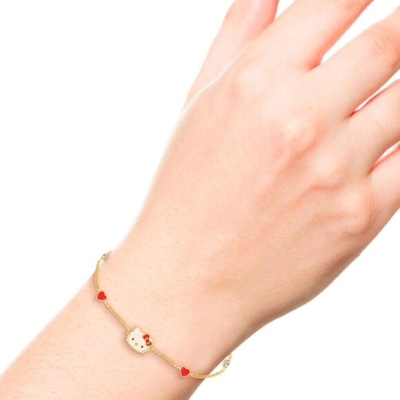 Hello Kitty By Sanrio Flash Yellow Gold Plated Station Heart & Crystal Bracelet - Picture 4 of 10